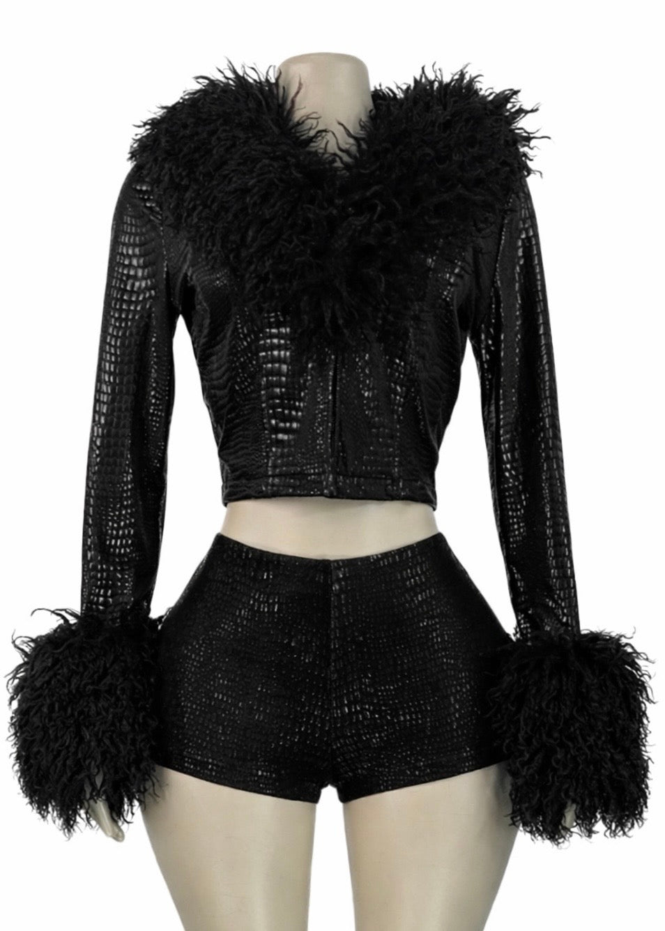 Low Rise Faux Fur Short Set - Black