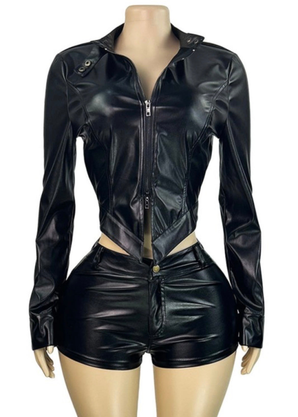 Low Rise Faux Leather Short Set - Black
