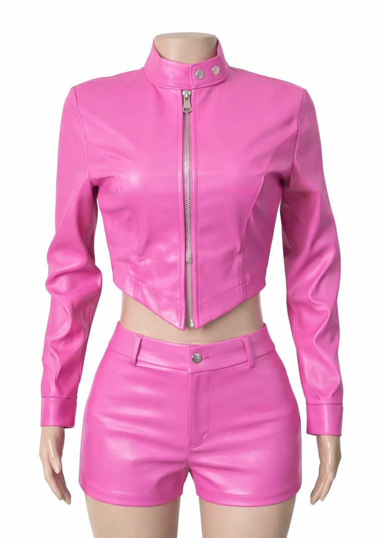 Low Rise Faux Leather Short Set - Pink