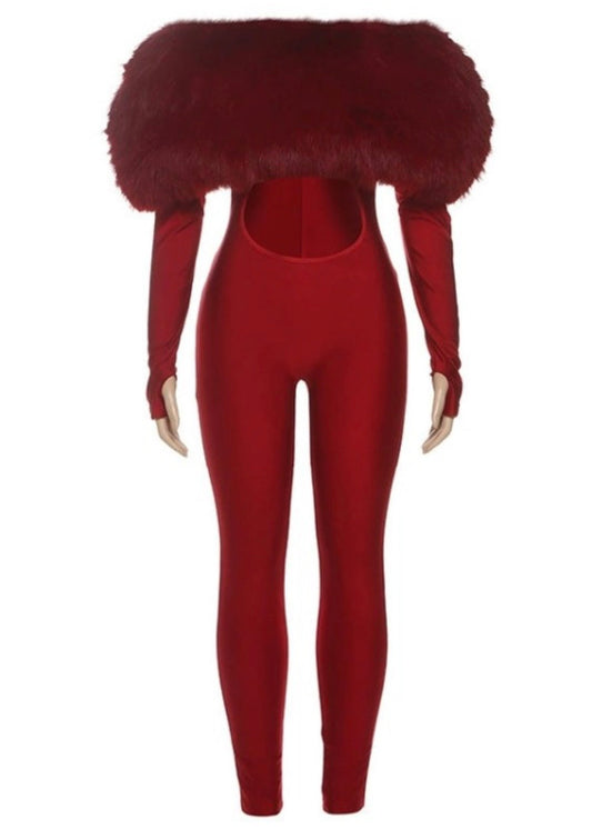 Romantic Faux Fur Jumpsuit - Wine