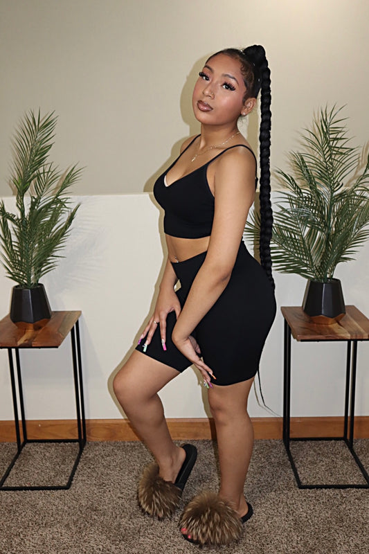 Black - V-Neck Crop Top and Short Set