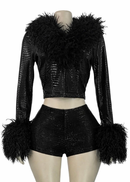 Low Rise Faux Fur Short Set - Black