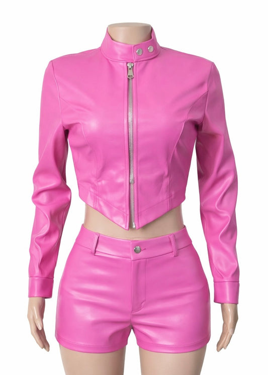 Low Rise Faux Leather Short Set - Pink